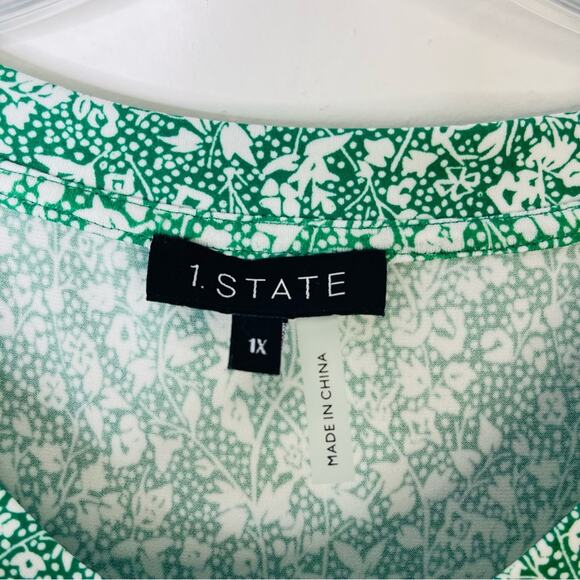 1 State green white ditzy floral cottagecore faux wrap stretchy midi dress 1X - Picture 5 of 7